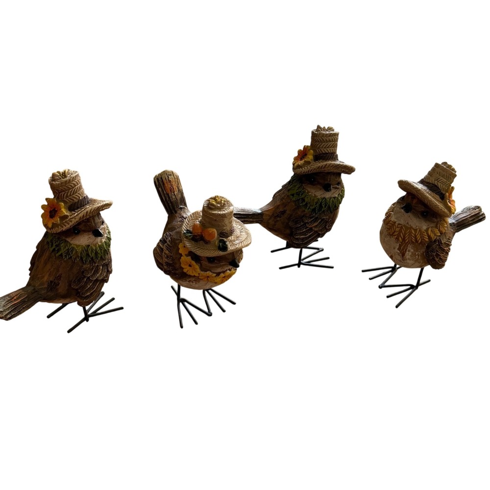 Set of 4 Resin Bird Figurines with Straw Hats and Sunflowers Autumn Decor Fall